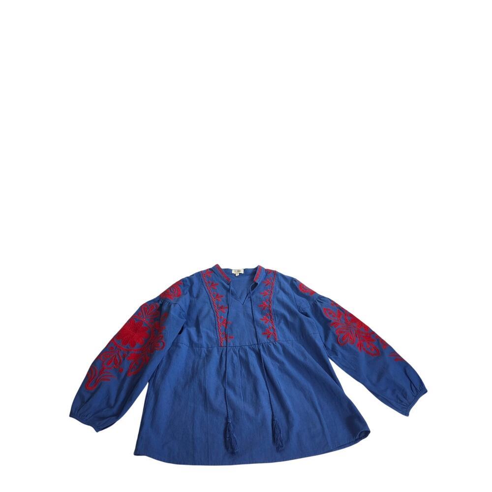 Velzera Womens Blue and Red Embroidered Floral Tunic Medium Long Sleeve